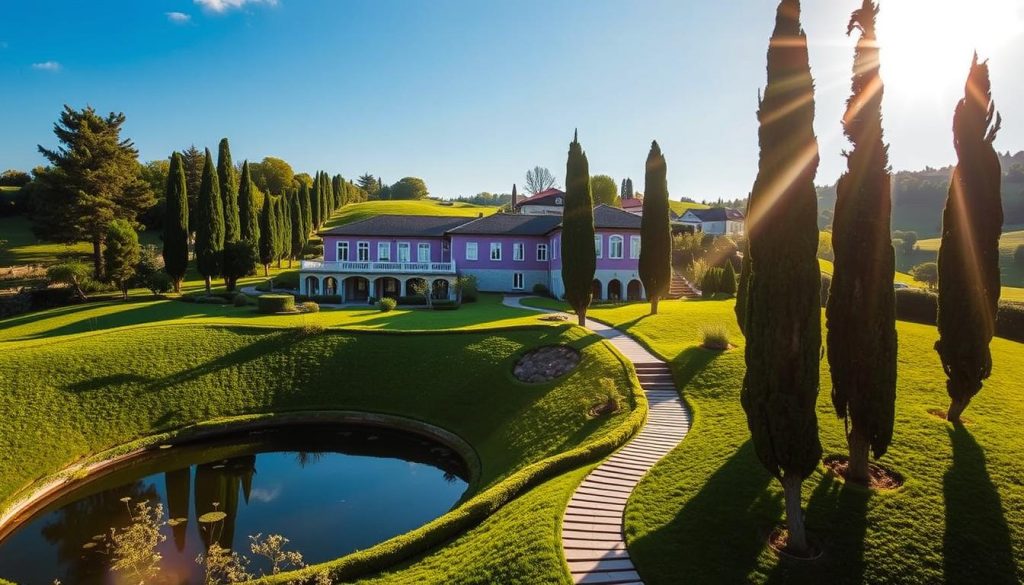 An idyllic Casa Lavanda Hotel & Spa nestled amidst the rolling hills of Şile, Istanbul. The elegant, lavender-hued facade stands in harmonious contrast with the lush, verdant landscape. Tranquil ponds reflect the azure sky, while a winding path leads guests through meticulously manicured gardens. Sunlight filters through tall cypress trees, casting a warm, golden glow over the serene scene. The architecture blends seamlessly with its natural surroundings, embodying a sense of peaceful luxury and seclusion. Visitors are invited to immerse themselves in the restorative essence of this haven, where modern comforts and the restorative power of nature converge.