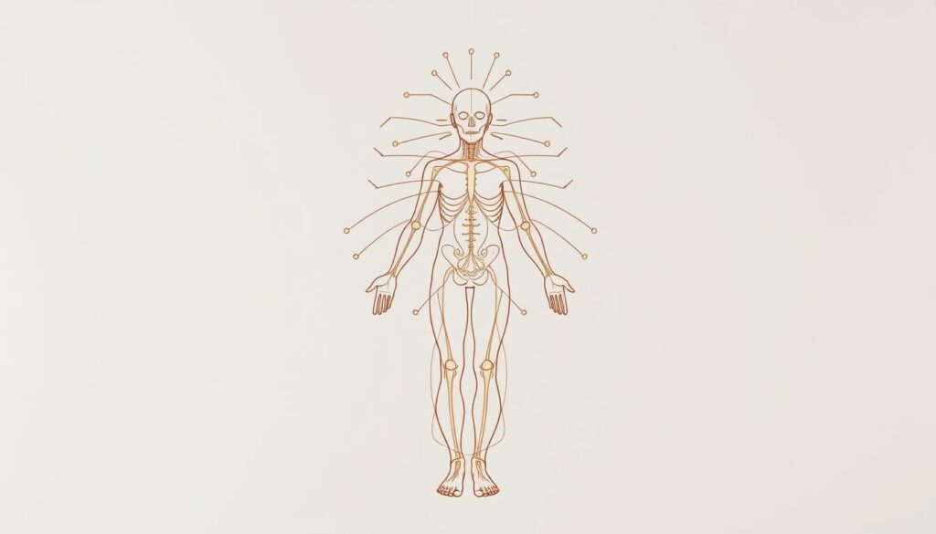 An intricate acupuncture diagram depicting the delicate network of meridians and pressure points across the human body. The image should convey a sense of balance and harmony, with fine lines tracing the interconnected energy pathways. Soft, muted colors create a serene, meditative atmosphere, evoking the ancient Eastern philosophy underlying acupuncture practice. The diagram should be meticulously rendered, with precise anatomical details and a clean, minimalist aesthetic. The background should be a neutral, uncluttered space, allowing the acupuncture diagram to take center stage and clearly communicate the systems and principles of this holistic healing modality.