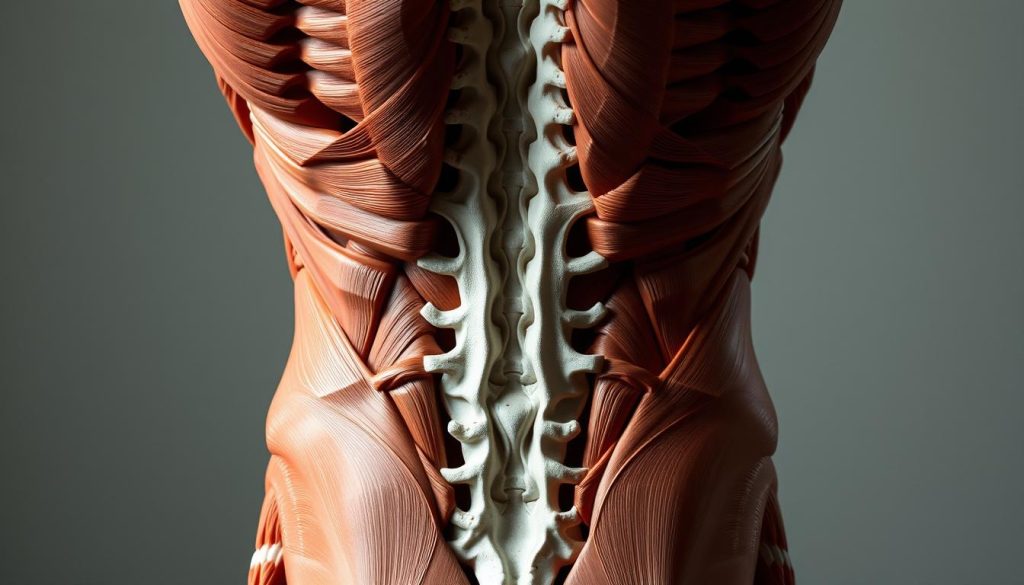 An intricate study of the lower back region, showcasing the interplay of the Quadratus Lumborum, Erector Spinae, and Latissimus muscles. The image captures the complex anatomy in a detailed, yet visually striking manner. Illuminated by soft, diffused lighting, the muscles are rendered with a naturalistic, three-dimensional quality, allowing the viewer to appreciate the intricate structures that support the spine and facilitate movement. The composition emphasizes the sculptural beauty of the lower back, inviting a deeper understanding of this essential area of the body. The overall tone is one of clinical precision, blended with an artistic sensibility that celebrates the form and function of the human form.