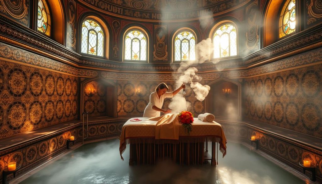 An ornate, centuries-old Turkish bath house, its intricate tile work aglow with warm, ambient lighting. Sunlight filters through stained glass windows, casting a soft, hazy glow. In the center, a sumptuously decorated massage table, draped in rich fabrics and adorned with fragrant flowers. Steam curls lazily in the air, creating a sense of tranquility and timeless elegance. The massage therapist, their movements graceful and practiced, tends to the guest with the utmost care and attention, guiding them on a journey of total relaxation and rejuvenation, surrounded by the history and beauty of this captivating Istanbul sanctuary.