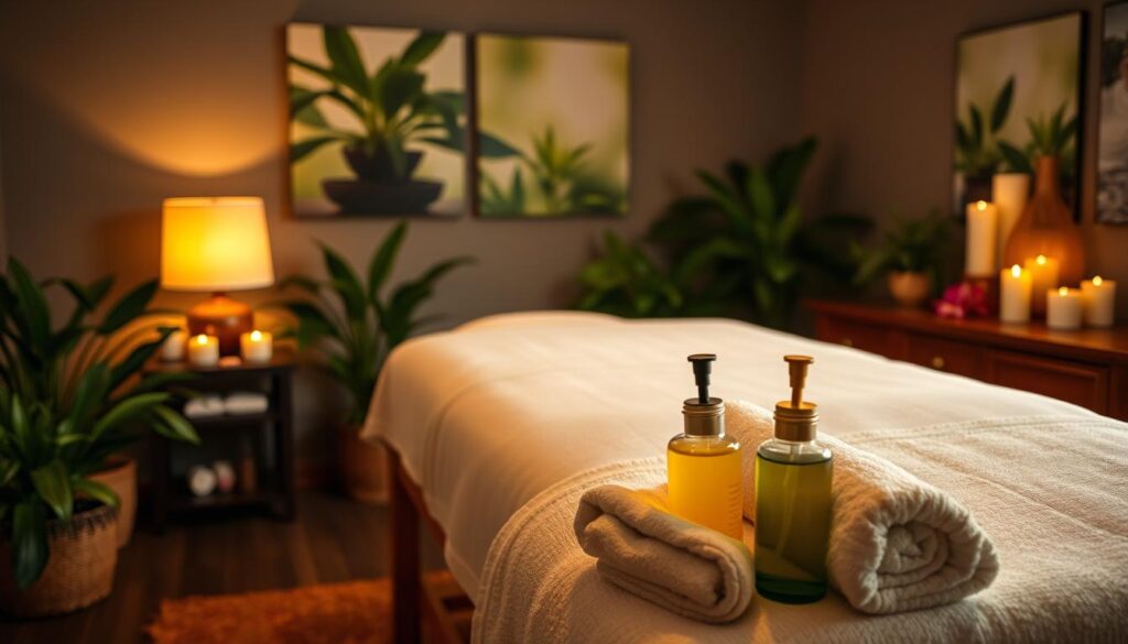 Aromatherapy massage session in a serene spa-like setting. Peaceful and dimly lit room with soft lighting from a table lamp, candles, and diffused natural light. Elegant wooden massage table with crisp white linens, surrounded by potted plants and peaceful nature imagery. Lush green foliage, flowers, and essential oil diffuser create a calming, earthy atmosphere. Warm, soothing massage oils and towels in the foreground, creating a sense of tranquility and relaxation. Absence of any human figures allows the viewer to focus on the serene environment and the therapeutic elements of the aromatherapy massage experience.