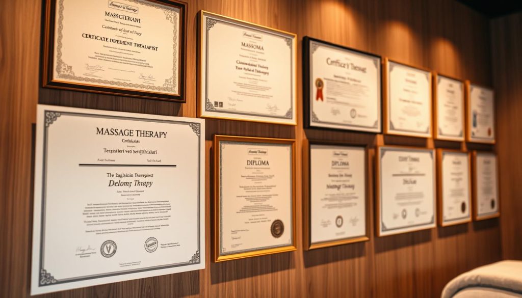 High-quality massage therapy certificates and diplomas hanging on the wall of a professional spa treatment room. The certificates are prominently displayed, showcasing the expert credentials and training of the experienced therapists. The lighting is soft and warm, creating a calming and inviting atmosphere. The background is blurred, with a focus on the certificates to highlight the skill and expertise of the practitioners. The image conveys a sense of trust, quality, and professionalism that would be suitable for the "Terapistlerin Deneyimi ve Sertifikaları" section of the article.