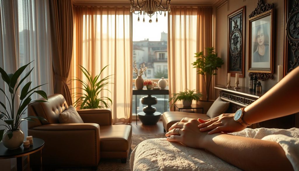 Serene Istanbul sanctuary: a luxurious boutique massage parlor nestled amidst the bustling city. Sunlight filters through sheer curtains, casting a warm glow on plush leather chairs and ornate wooden accents. Soft ambient music soothes the senses as aromatic essential oils diffuse throughout the space. In the foreground, a pair of skilled hands expertly kneads tension from weary muscles, offering a tranquil respite from the urban cacophony. The middle ground showcases elegant decor - potted plants, candles, and serene artwork - creating an oasis of calm. Fade to the background, where the muted sounds of the city provide a subtle backdrop, underscoring the private, exclusive nature of this rejuvenating retreat.