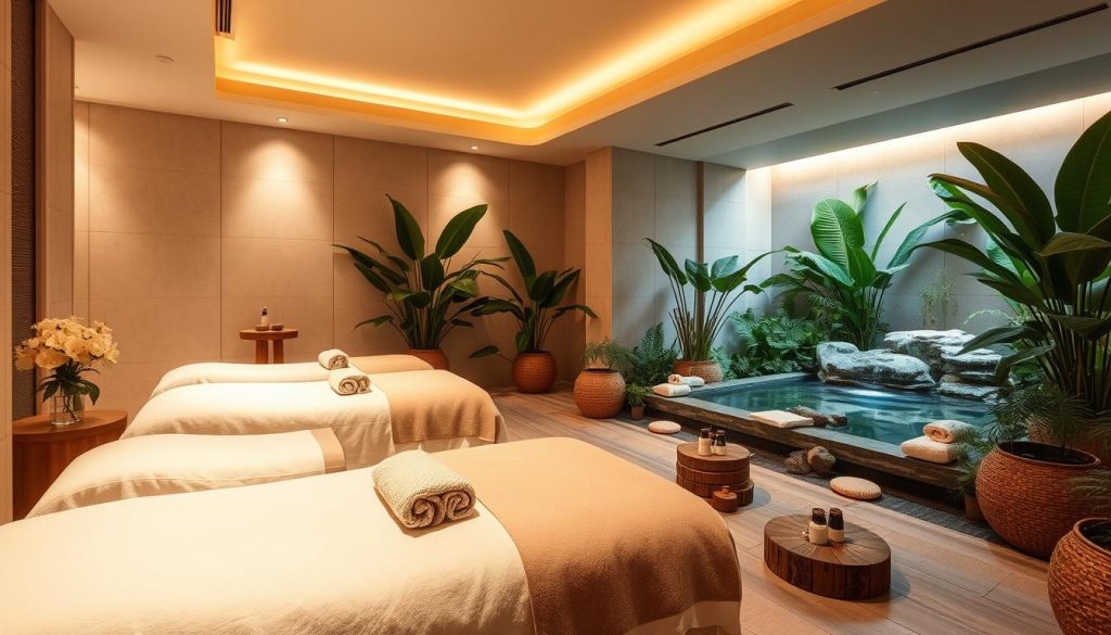 Serene spa sanctuary with soothing ambiance: Soft lighting casts a warm glow, highlighting the elegant decor of plush textures and natural elements. Inviting treatment rooms promise rejuvenating massages and pampering therapies, immersing visitors in an oasis of tranquility. Lush greenery and calming water features create a harmonious, nature-inspired setting, evoking a sense of well-being and relaxation. High-quality, professional services cater to those seeking a trusted, premium spa experience in the heart of the city.