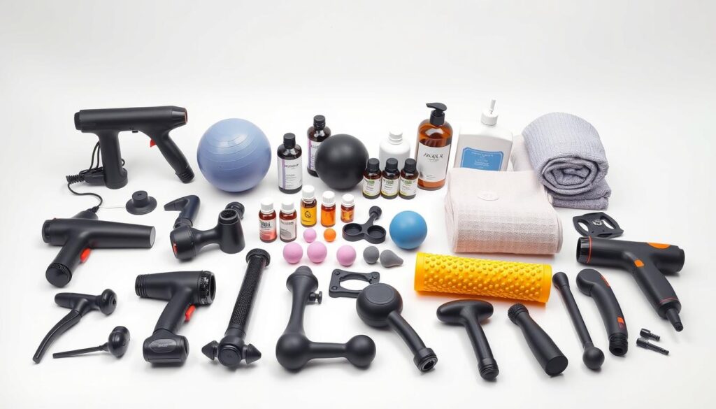 a high-quality, detailed photograph of various massage equipment and accessories laid out on a clean, white background. the foreground shows an array of massage tools including massage guns, vibrating massagers, foam rollers, massage balls, and acupressure mats. the middle ground features various essential oils, lotions, and towels used for massage therapy. the background is a simple, clean, well-lit setting that allows the massage equipment to be the focus of the image. the overall mood is professional, clinical, and informative, showcasing the different types of massage tools and their technical specifications for use in a massage therapy session.