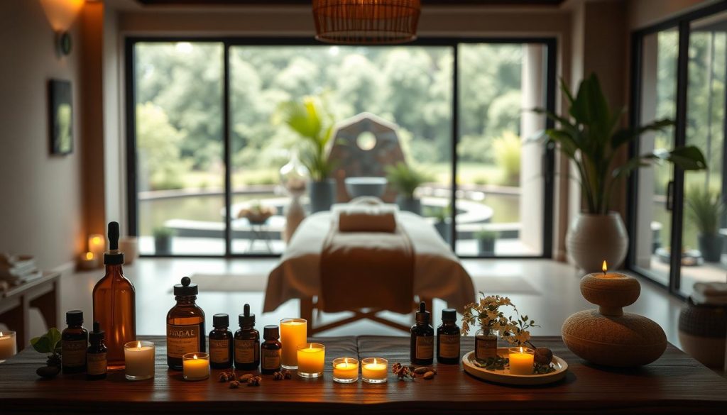 a highly detailed, photorealistic image of a spa experience featuring aromatherapy and reflexology treatments. the scene depicts a serene, dimly lit spa environment with soft lighting and neutral-toned decor. in the foreground, an arrangement of essential oil bottles, candles, and other aromatherapy elements are placed on a wooden table. the middle ground showcases a massage table adorned with plush linens and surrounded by potted plants and natural elements. in the background, a peaceful outdoor landscape with lush greenery and a calming water feature is visible through large windows. the overall atmosphere conveys a sense of tranquility, relaxation, and rejuvenation.