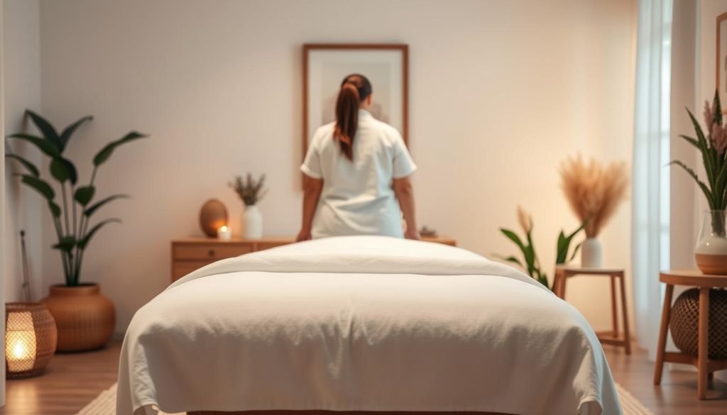 a professional massage therapist in a serene studio, soft lighting illuminating the scene, clean and minimalist decor, with plants and natural textures creating a calming ambiance, the massage table takes center stage, clean white linens and fluffy pillows, highlighting the tranquility and professionalism of the service, the therapist is not visible, the focus is on the relaxing environment, creating a sense of trust and rejuvenation