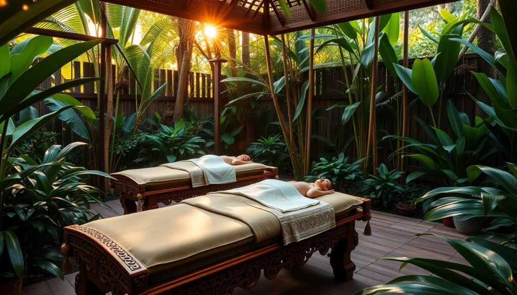 a serene balinese massage session in a lush tropical garden setting, featuring intricately carved wooden massage tables surrounded by vibrant foliage, with warm natural lighting filtering through the trees, creating a soothing and tranquil atmosphere ideal for a relaxing massage experience in istanbul