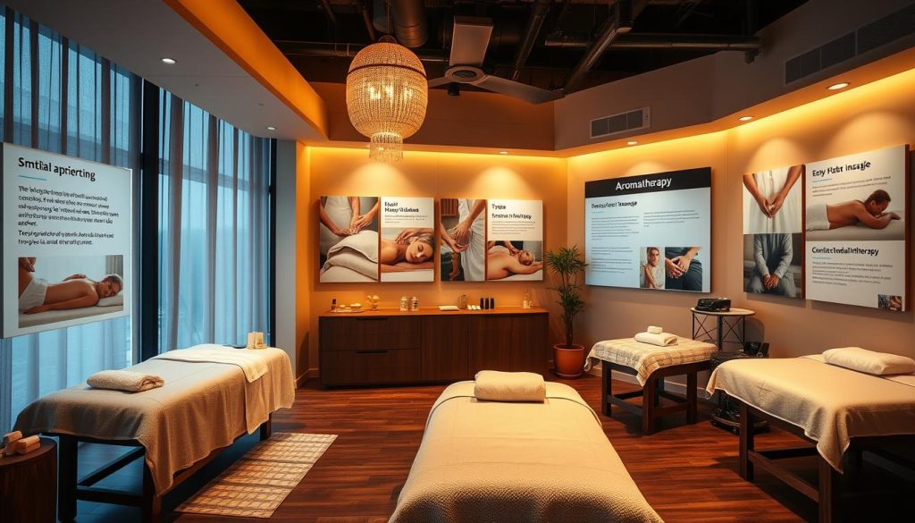 a serene massage studio with warm, natural lighting and soothing decor, showcasing various massage techniques such as Swedish, deep tissue, and aromatherapy, all displayed in a visually appealing and informative manner, capturing the essence of relaxation and rejuvenation, without any human presence or text overlay