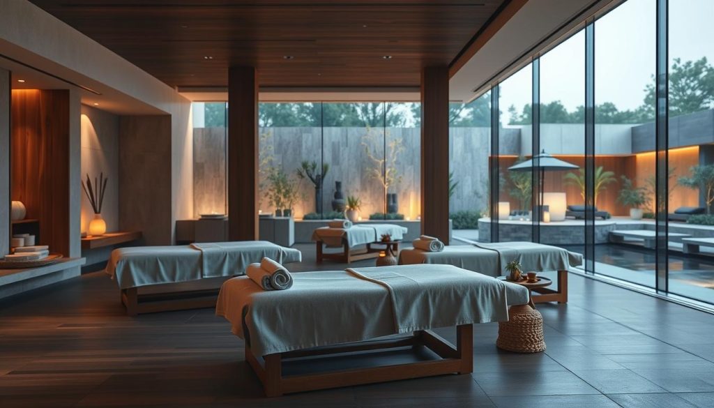 a tranquil and luxurious spa center, with a serene and calming atmosphere. The foreground features a modern, minimalist design with clean lines and natural materials like wood and stone. In the middle ground, there are comfortable massage tables surrounded by soft lighting and soothing décor. The background showcases a serene outdoor scene, perhaps with a garden or water feature, creating a sense of harmony and rejuvenation. The lighting is warm and diffused, creating a relaxing ambiance. The overall composition conveys a sense of well-being, relaxation, and the restorative power of a spa experience.