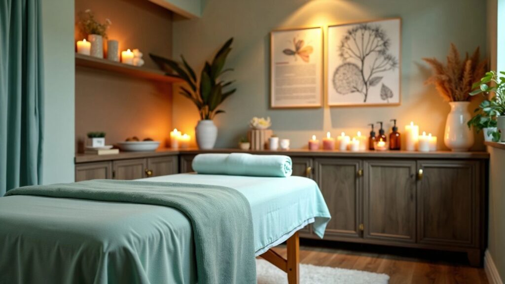 Masaj terapisi odası, huzurlu bir atmosfer.