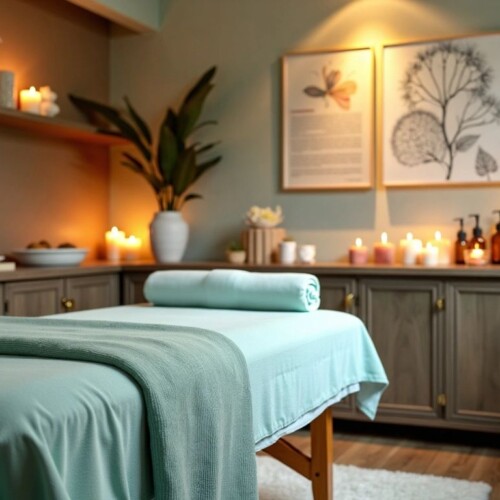 Masaj terapisi odası, huzurlu bir atmosfer.