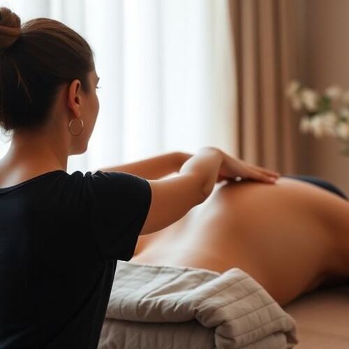 Masaj terapisti, müşteri üzerinde sırt masajı yapıyor.