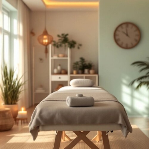 Masaj terapisi odası, huzurlu bir atmosfer.