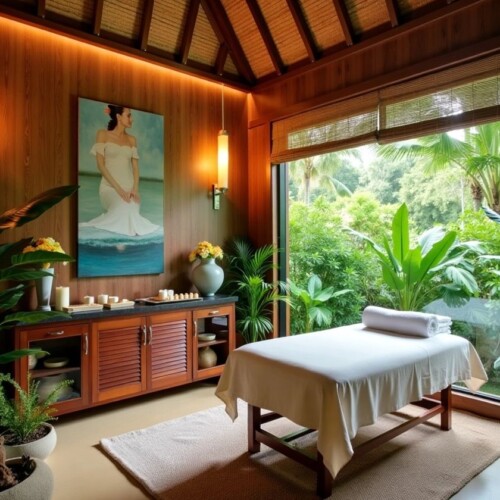 Tropikal bitkilerle çevrili masaj masası.