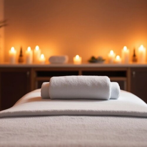 Masaj masası, havlular ve mumlar ile rahat bir ortam.