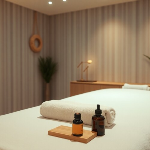 Relaxing massage scene in a tranquil spa setting.