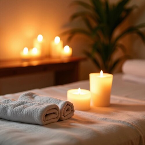 Masaj terapisi ortamı, masaj masası ve mumlar.