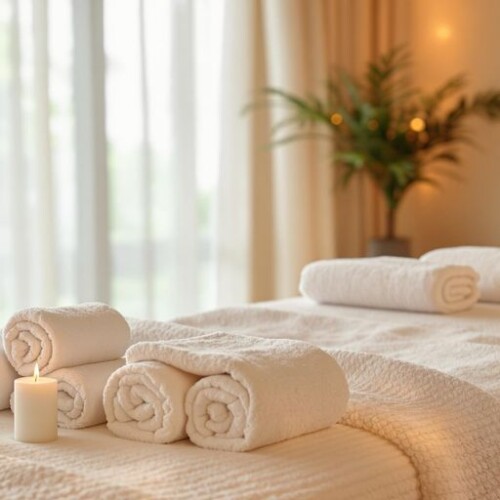 Masaj masası, mumlar ve havlular.