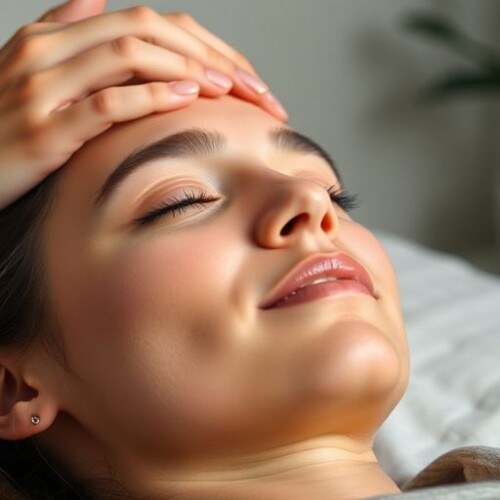 Baş masajı yapan bir kişi, huzurlu bir ortam.