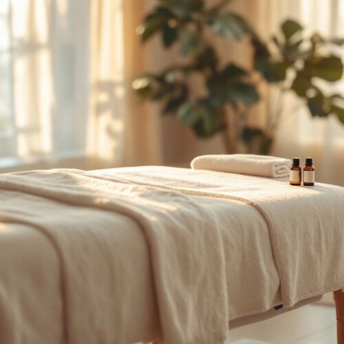 Masaj masası, yumuşak ışık ve huzurlu dekor.