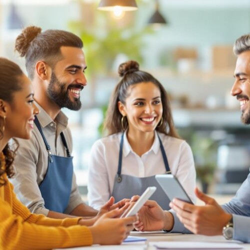 Mutlu müşterilerle etkileşimde bulunan bir temsilci.