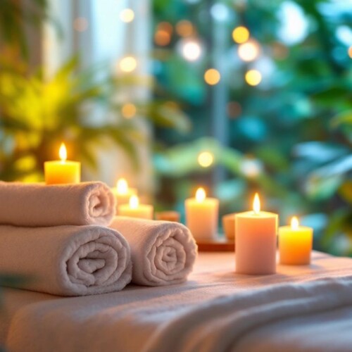 Rahatlatıcı masaj ortamı, masaj masası ve mumlar.