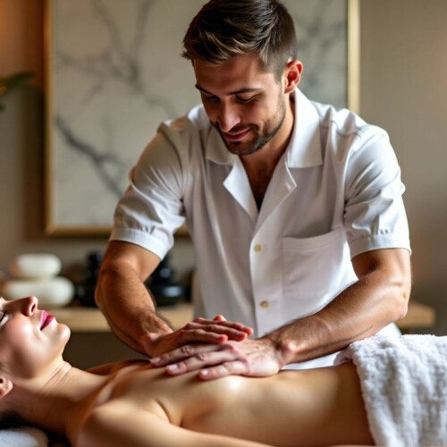 Erkek masaj terapisti, huzurlu bir ortamda çalışıyor.