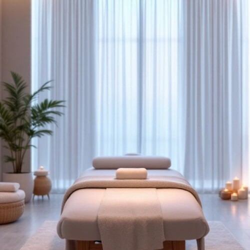 Huzurlu bir masaj odası, yatak ve doğal dekor.