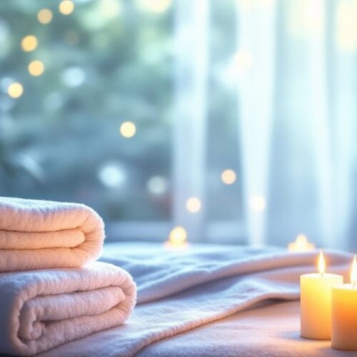 Rahatlatıcı masaj ortamı, yumuşak ışıklar ve mumlar.